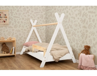Łóżko domek dla dziecka z barierką i stelażem TIPI Montessori Drewniane
