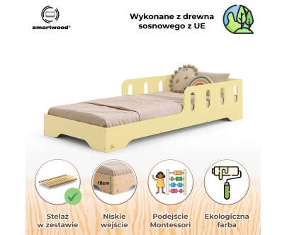 Łóżko pojedyncze dla dzieci z barierką i stelażem TILA 6 Montessori Drewniane
