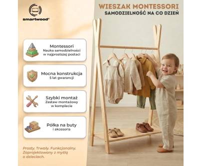 Wieszak na ubrania dla dzieci z półką na buty TIPI Montessori  Drewniany