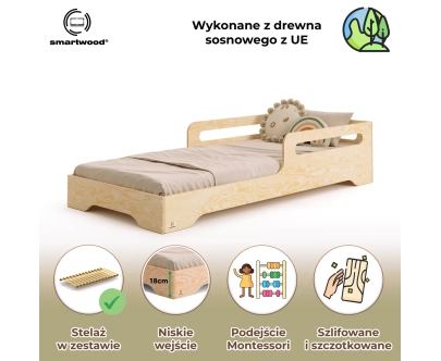 Łóżko pojedyncze dla dzieci z barierką i stelażem TILA 3 Montessori Drewniane