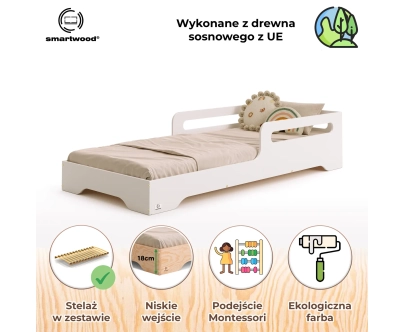 Łóżko pojedyncze dla dzieci z barierką i stelażem TILA 3 Montessori Drewniane
