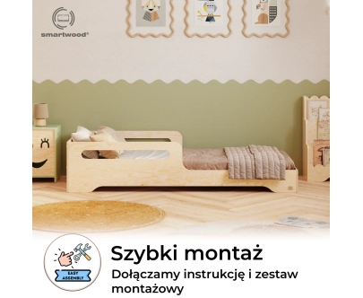 Łóżko pojedyncze dla dzieci z barierką i stelażem TILA 3 Montessori Drewniane