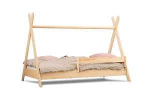 Łóżko domek dla dziecka z barierką i stelażem TIPI Montessori Drewniane