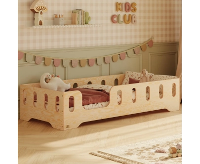 Łóżko pojedyncze dla dzieci z barierką i stelażem TILA 2 Montessori Drewniane