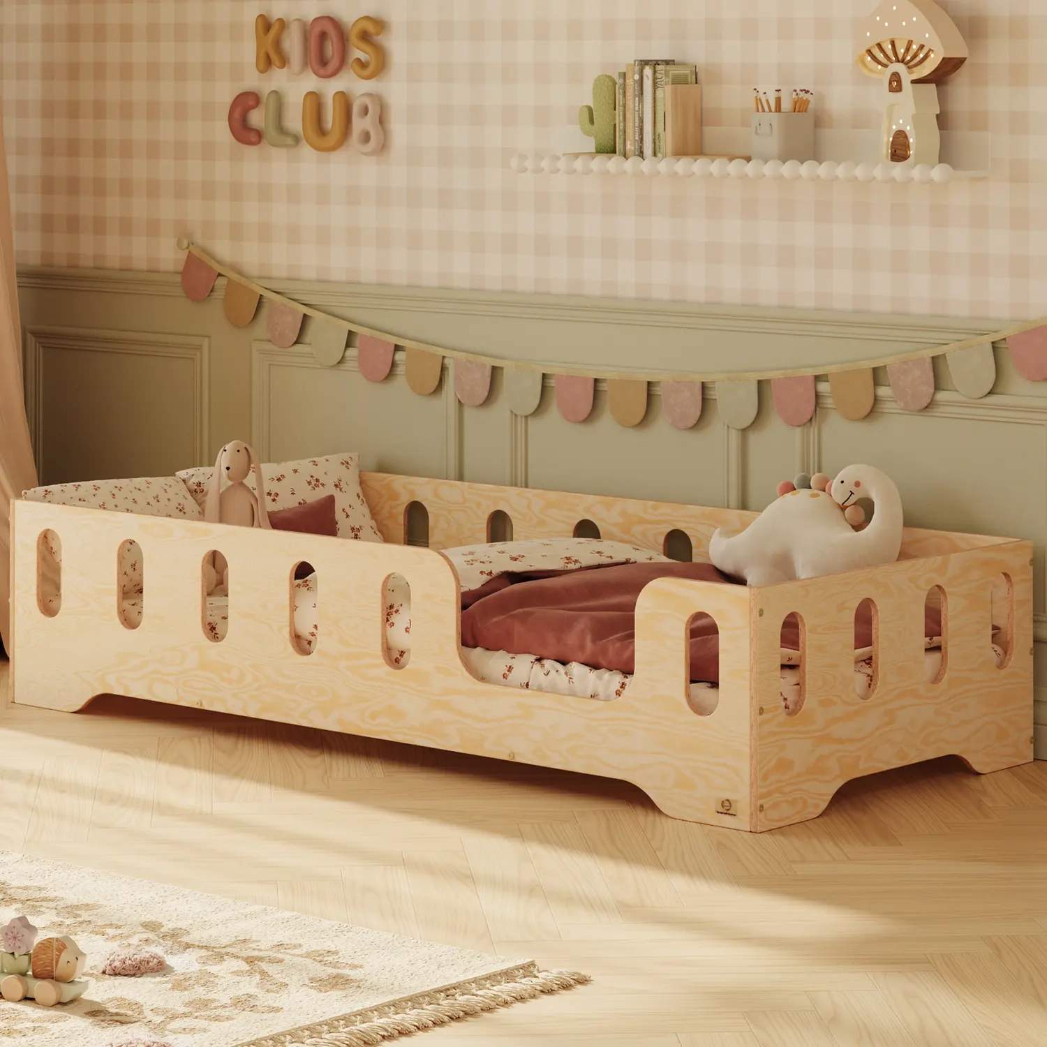 Łóżko pojedyncze dla dzieci z barierką i stelażem TILA 2 Montessori Drewniane,  80x160 - Naturalny | Smartwood