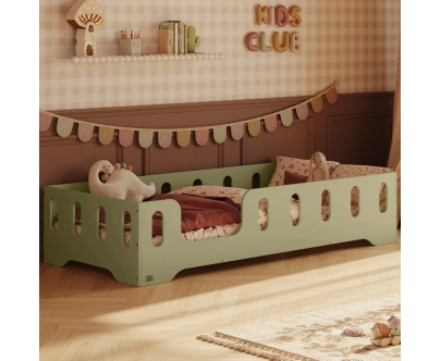 Łóżko pojedyncze dla dzieci z barierką i stelażem TILA 2 Montessori Drewniane