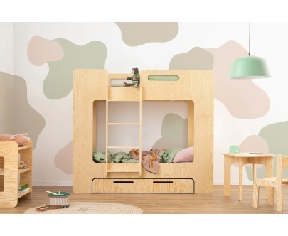 Łóżko piętrowe dla dzieci z szufladą i stelażem MIMI D Montessori Drewniane