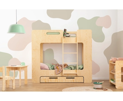 Łóżko piętrowe dla dzieci z szufladą i stelażem MIMI D Montessori Drewniane