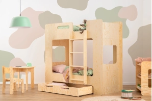 Łóżko piętrowe dla dzieci z szufladą i stelażem MIMI D Montessori Drewniane