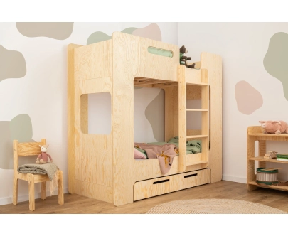Łóżko piętrowe dla dzieci z szufladą i stelażem MIMI D Montessori Drewniane