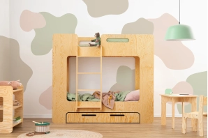 Łóżko piętrowe dla dzieci z szufladą i stelażem MIMI D Montessori Drewniane