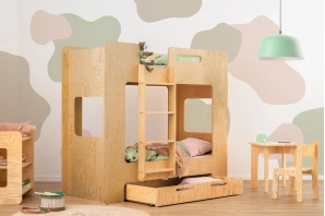 Łóżko piętrowe dla dzieci z szufladą i stelażem MIMI D Montessori Drewniane