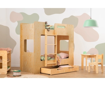 Łóżko piętrowe dla dzieci z szufladą i stelażem MIMI D Montessori Drewniane