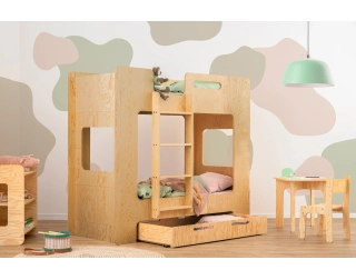 Łóżko piętrowe dla dzieci z szufladą i stelażem MIMI D Montessori Drewniane