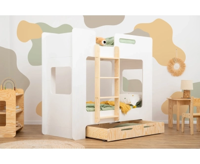 Łóżko piętrowe dla dzieci z szufladą i stelażem MIMI D Montessori Drewniane