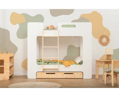 Łóżko piętrowe dla dzieci z szufladą i stelażem MIMI D Montessori Drewniane