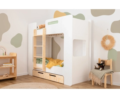 Łóżko piętrowe dla dzieci z szufladą i stelażem MIMI D Montessori Drewniane
