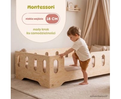 Łóżko pojedyncze dla dzieci z barierką i stelażem TILA 2 Montessori Drewniane