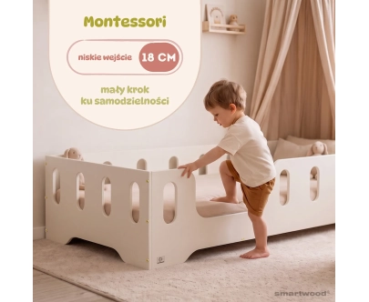 Łóżko pojedyncze dla dzieci z barierką i stelażem TILA 2 Montessori Drewniane