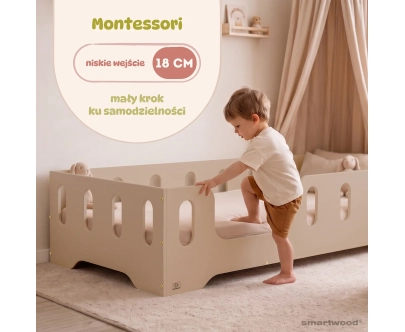 Łóżko pojedyncze dla dzieci z barierką i stelażem TILA 2 Montessori Drewniane