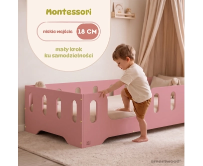 Łóżko pojedyncze dla dzieci z barierką i stelażem TILA 2 Montessori Drewniane