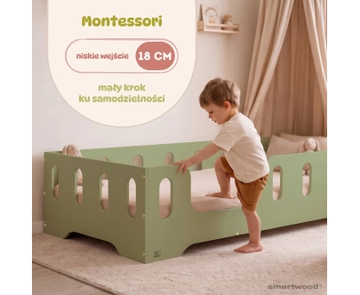 Łóżko pojedyncze dla dzieci z barierką i stelażem TILA 2 Montessori Drewniane