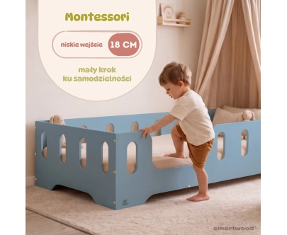 Łóżko pojedyncze dla dzieci z barierką i stelażem TILA 2 Montessori Drewniane