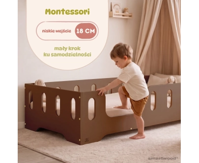 Łóżko pojedyncze dla dzieci z barierką i stelażem TILA 2 Montessori Drewniane