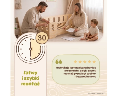 Łóżko pojedyncze dla dzieci z barierką i stelażem TILA 2 Montessori Drewniane