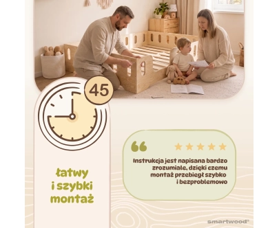 Łóżko pojedyncze dla dzieci z barierką i stelażem TILA 2 Montessori Drewniane