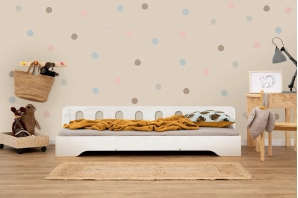 Łóżko pojedyncze dla dzieci z barierką i stelażem sofa TILA 1S Montessori Drewniane