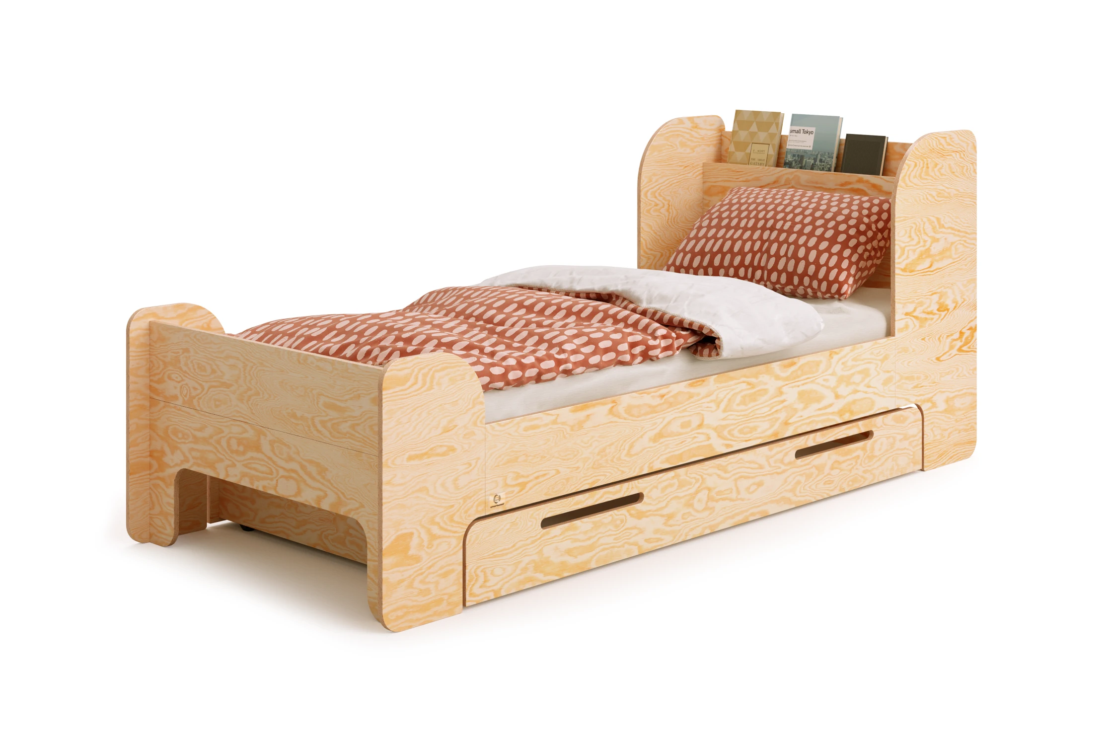 Drewniane łóżko z półką w zagłówku oraz szufladą wykonane ze sklejki sosnowej w kolorze naturalnego drewna