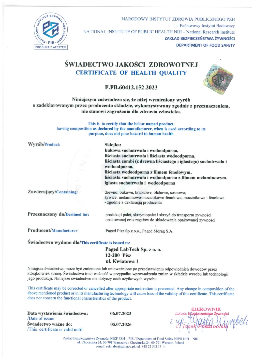 Świadectwo jakości zdrowotnej