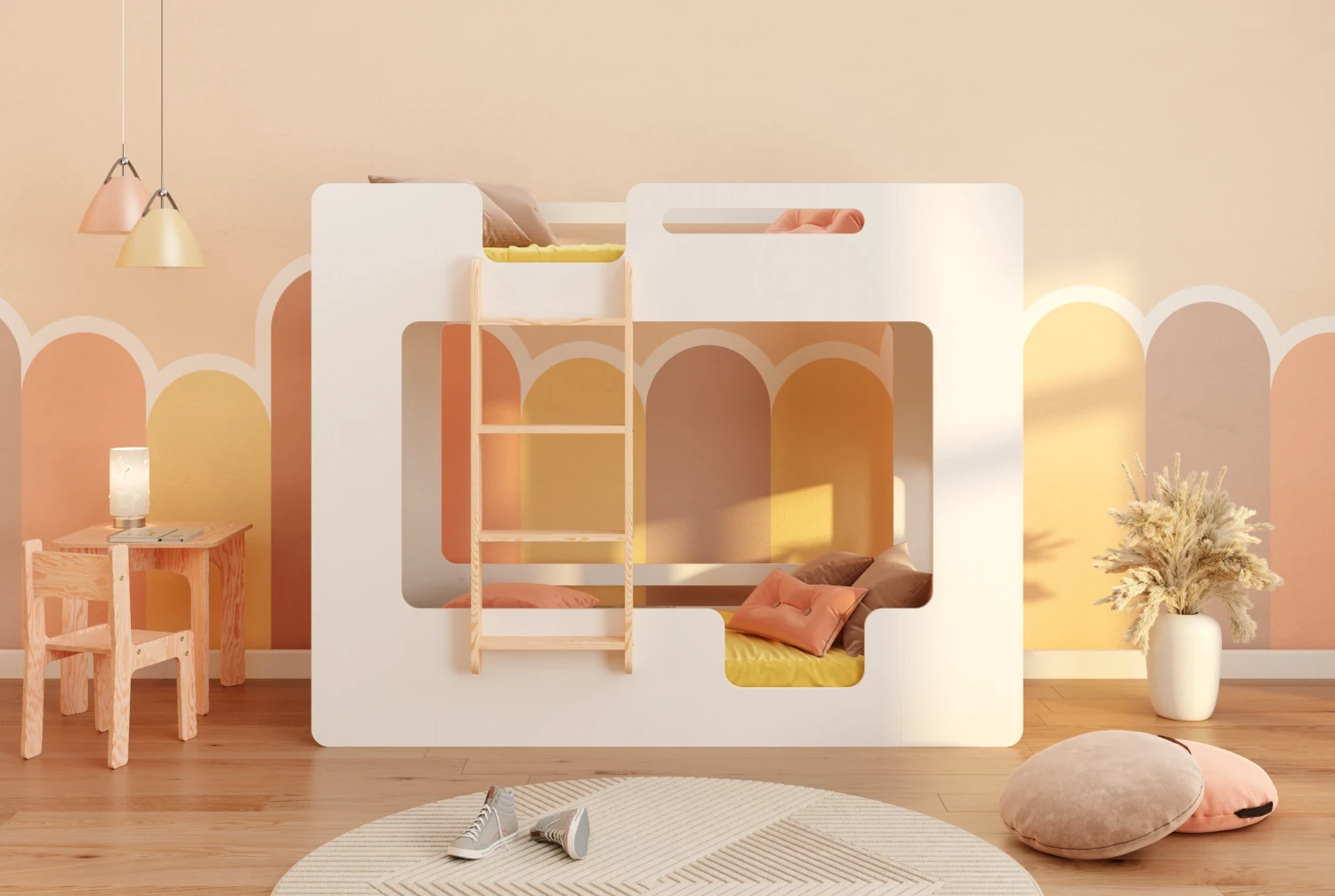 Łóżko piętrowe dla dzieci z barierkami i stelażem MIMI B Montessori Drewniane