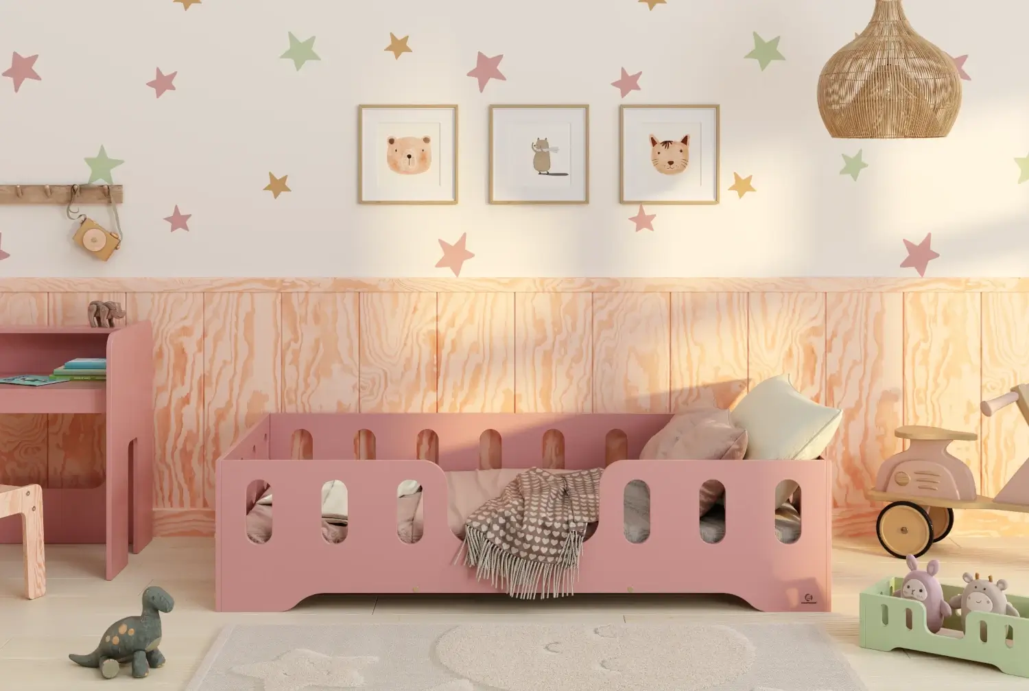 Łóżko pojedyncze dla dzieci z barierką i stelażem TILA 2 Montessori Drewniane