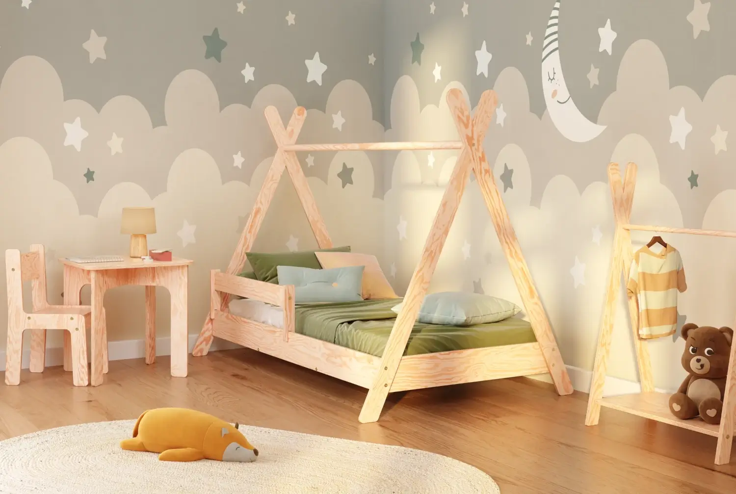 Łóżko domek dla dziecka z barierką i stelażem TIPI Montessori Drewniane