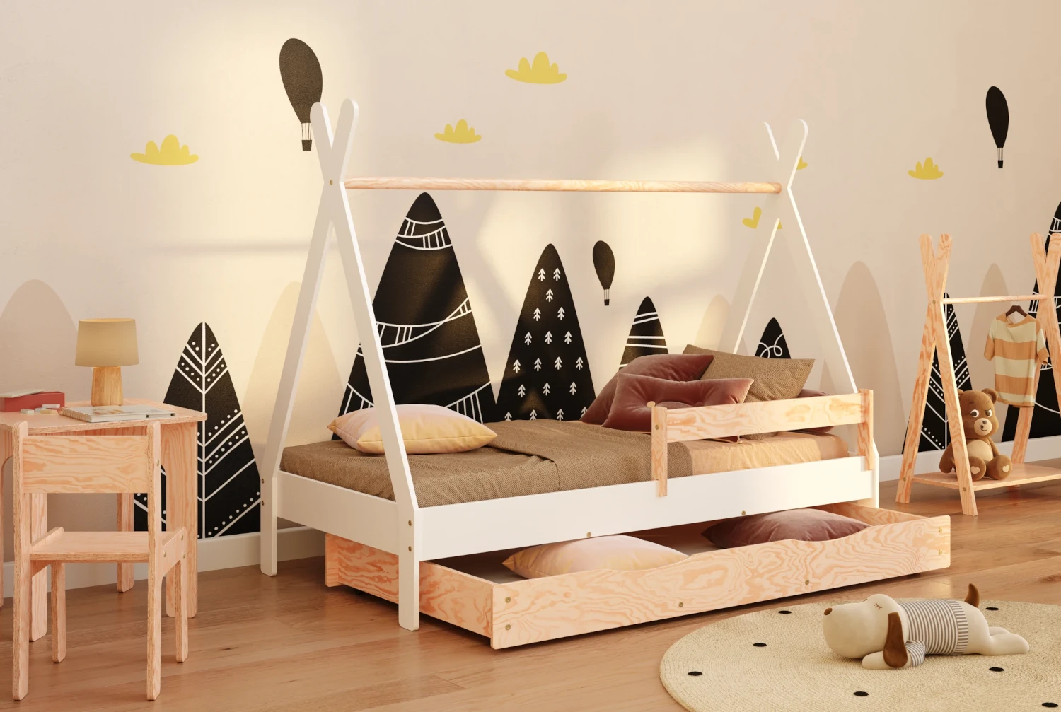 Łóżko domek dla dziecka z szufladą, barierką i stelażem TIPI D Montessori Drewniane