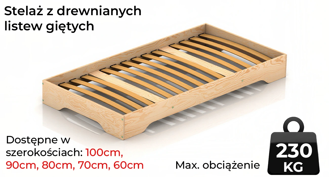 Stelaż łóżka z listew giętych o maksymalnym obciążeniu 230kg dostępny w szerokościach 60cm 70cm 80cm 90cm i 100cm