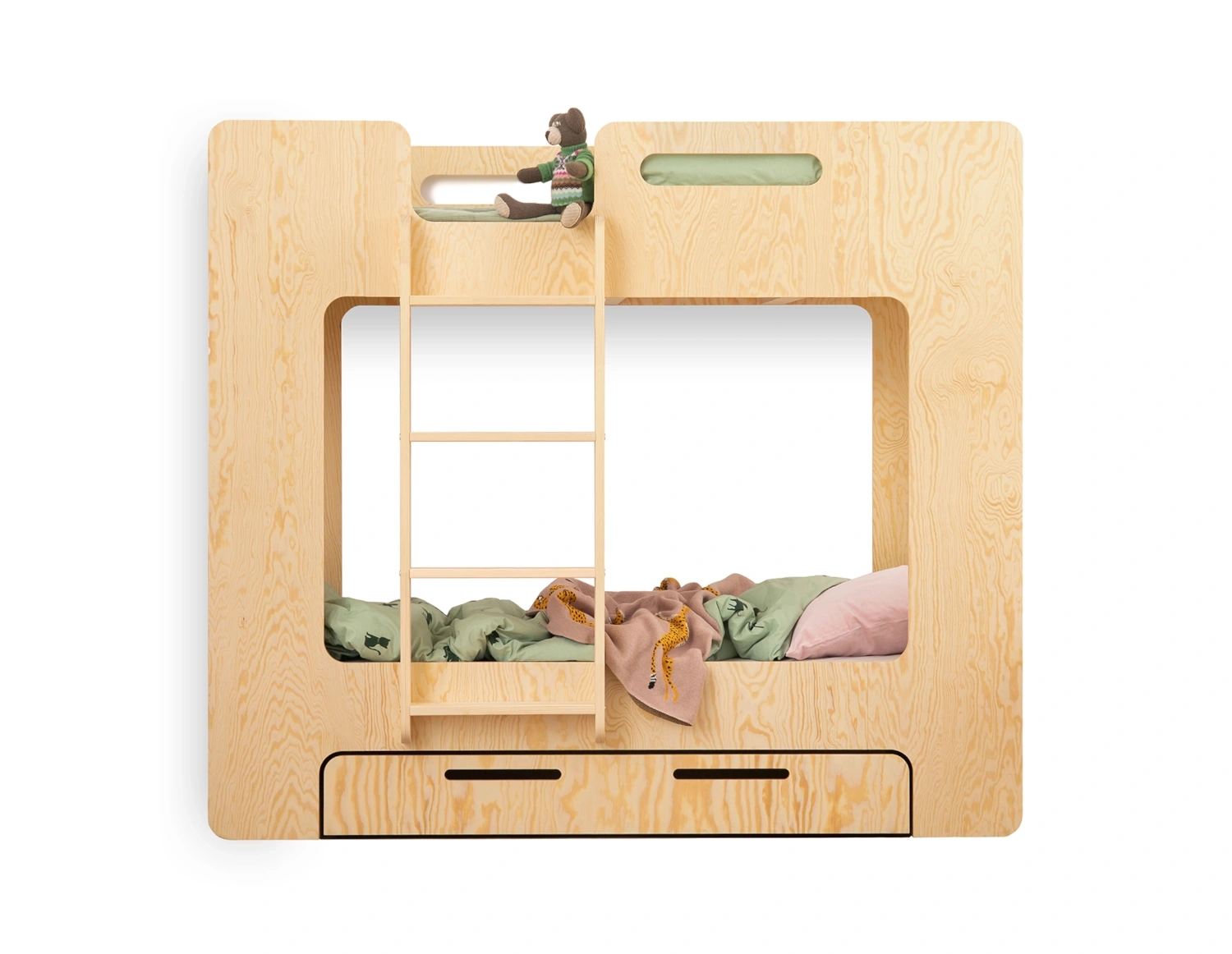 Łóżko piętrowe dla dzieci z szufladą i stelażem MIMI D Montessori Drewniane (Wybierz rozmiar: 80x200 - Wybierz kolor: Biały - Wybierz położenie drabiny: Prawa - Wybierz funkcję szuflady: Funkcja PRZECHOWYWANIA - w kolorze naturalnym)