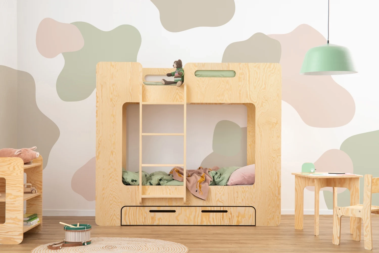 Łóżko piętrowe dla dzieci z szufladą i stelażem MIMI D Montessori Drewniane (Wybierz rozmiar: 80x180 - Wybierz kolor: Musztardowy - Wybierz położenie drabiny: Prawa - Wybierz funkcję szuflady: Funkcja PRZECHOWYWANIA - w kolorze łóżka)