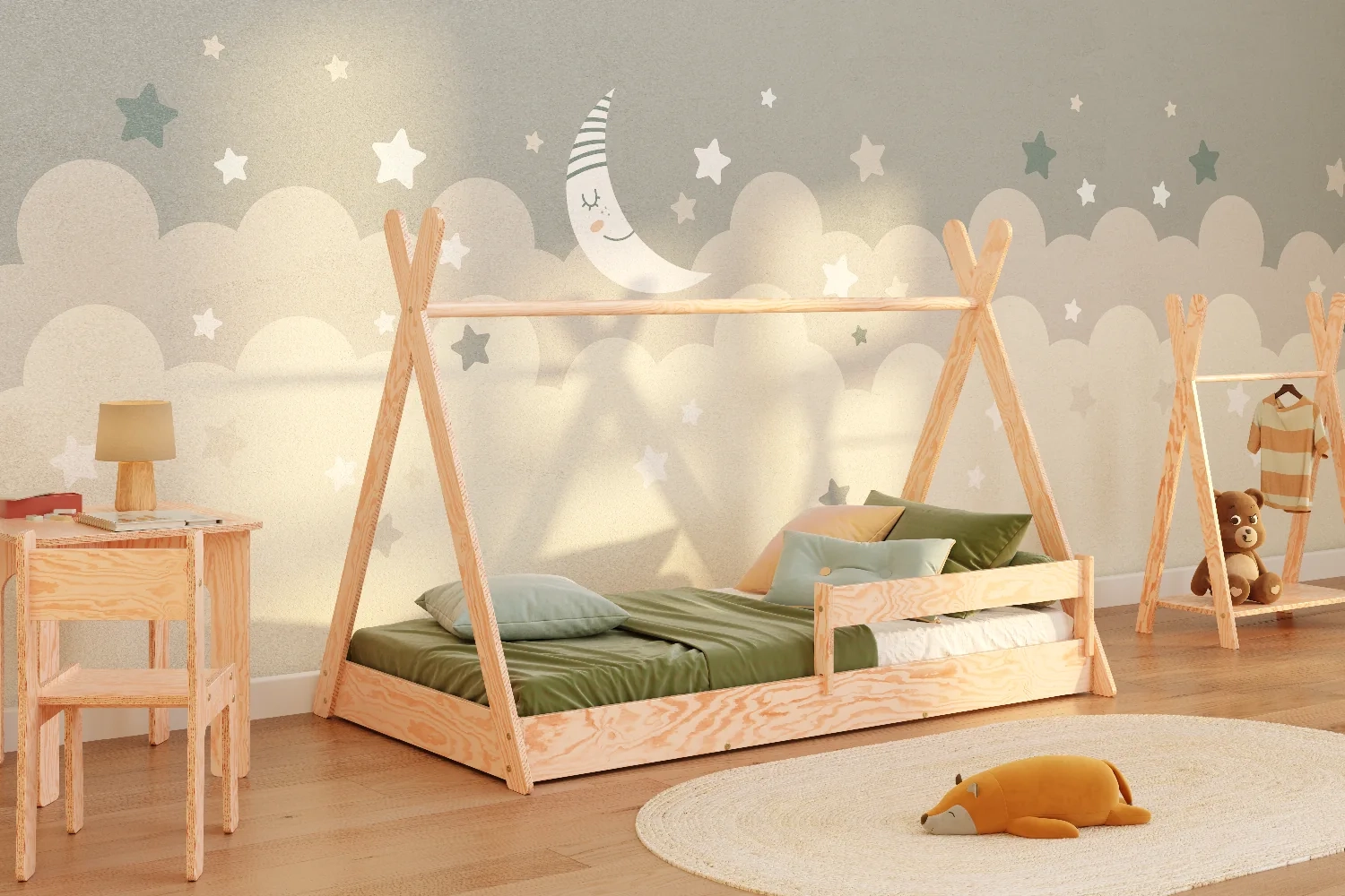 Łóżko domek podłogowe z barierką i stelażem TIPI F Montessori Drewniane (Wybierz rozmiar: 70x160 - Wybierz kolor: Naturalny)