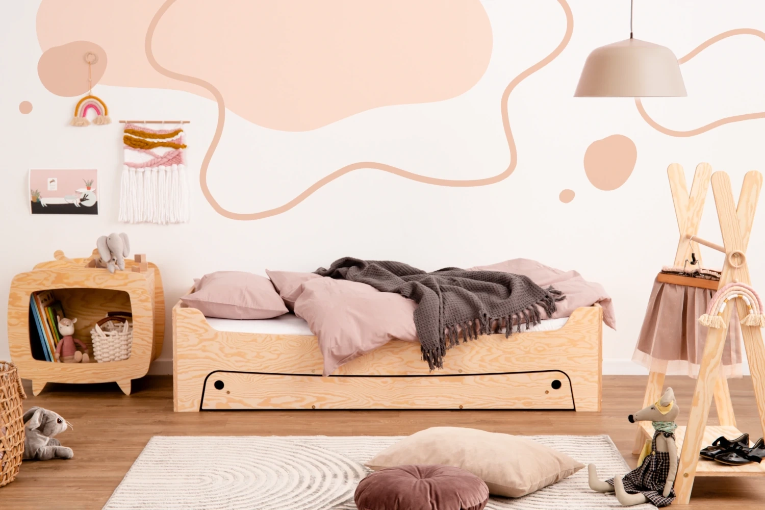Łóżko dziecięce z szufladą i stelażem TILA 10 Montessori Drewniane (Wybierz rozmiar: 90x200 - Wybierz kolor: Lakierowany - Wybierz funkcję szuflady: Funkcja PRZECHOWYWANIA - w kolorze naturalnym)