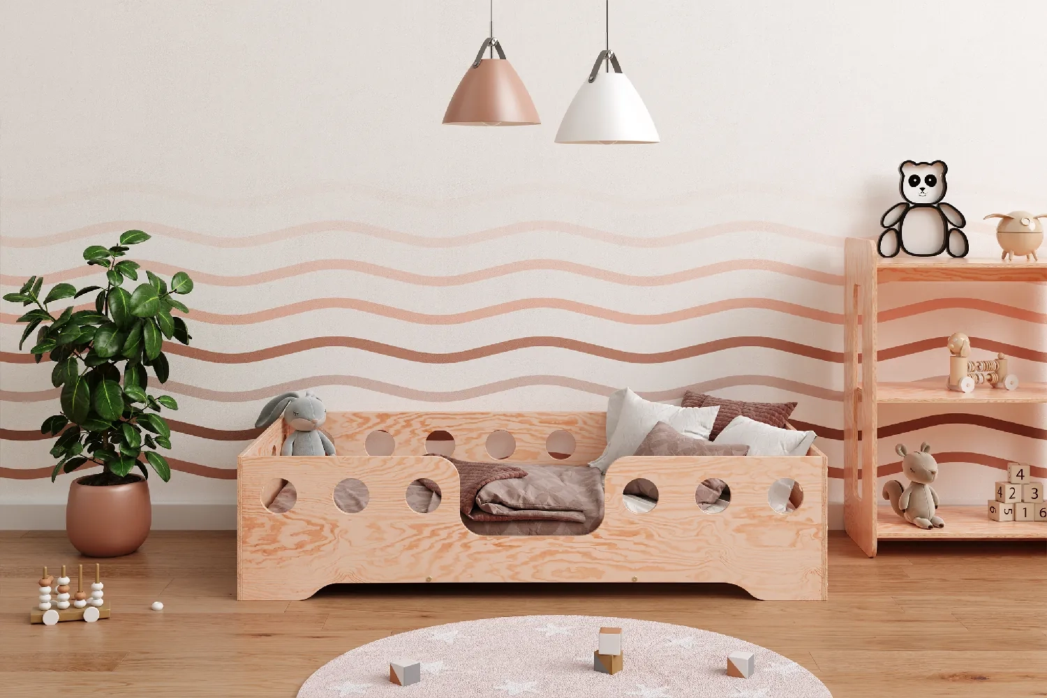 Łóżko pojedyncze dla dzieci z barierką i stelażem TILA 4 Montessori Drewniane (Wybierz rozmiar: 140x200 XL - Wybierz kolor: Niebieski - Wybierz stronę wejścia: Boczna)