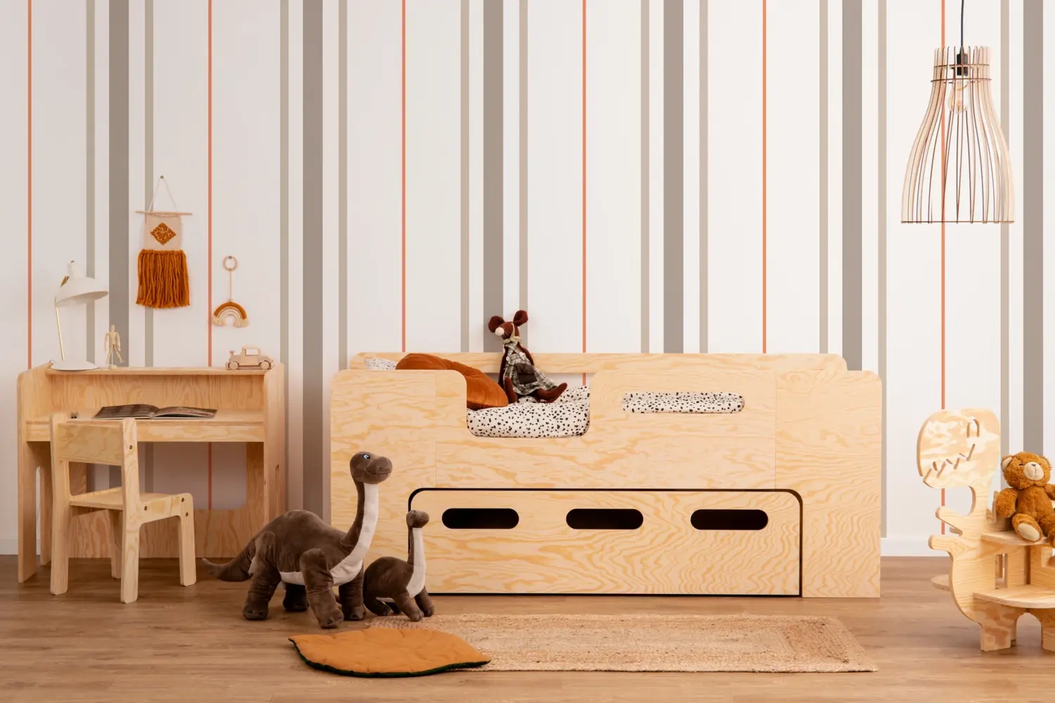 Łóżko dziecięce z szufladą i stelażem PIPI Montessori Drewniane (Wybierz rozmiar: 80x160 - Wybierz kolor: Zielony - Wybierz stronę wejścia : Lewa - Wybierz funkcję szuflady: Przechowywanie)