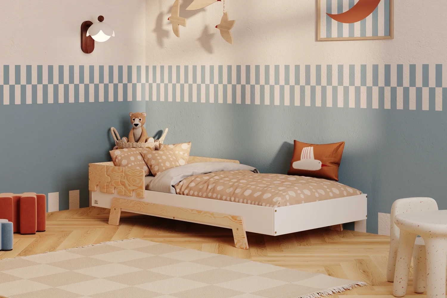 Łóżko pojedyncze dla dzieci z barierką i stelażem PUZZLE BR1 Montessori Drewniane (Wybierz rozmiar: 100x180 - Wybierz kolor: Naturalny)